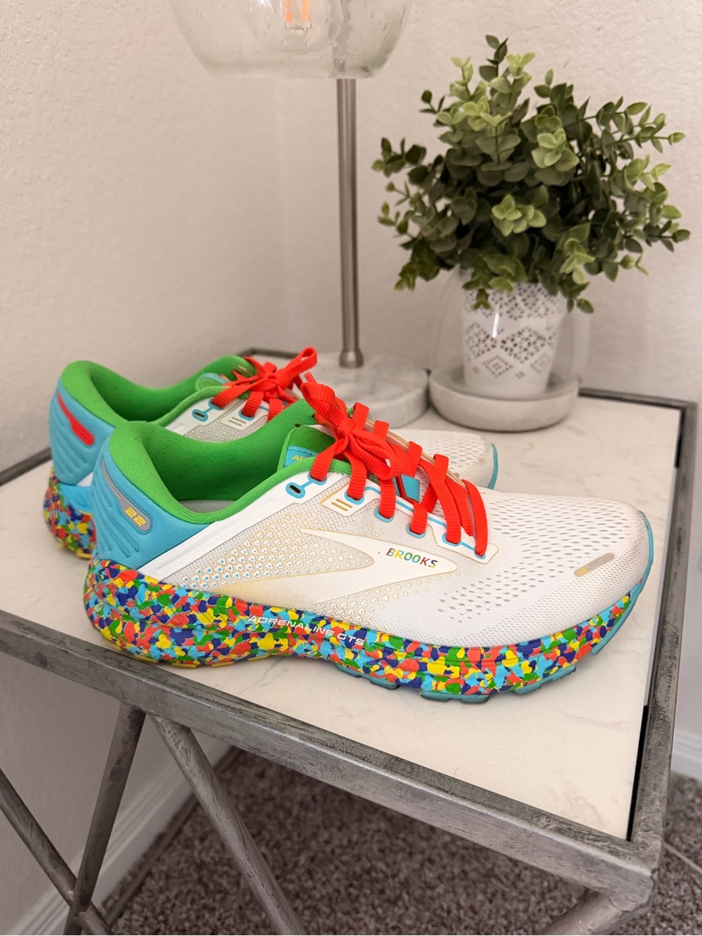 Brooks Kids White Sneakers with Green Trim and Bright Red Laces